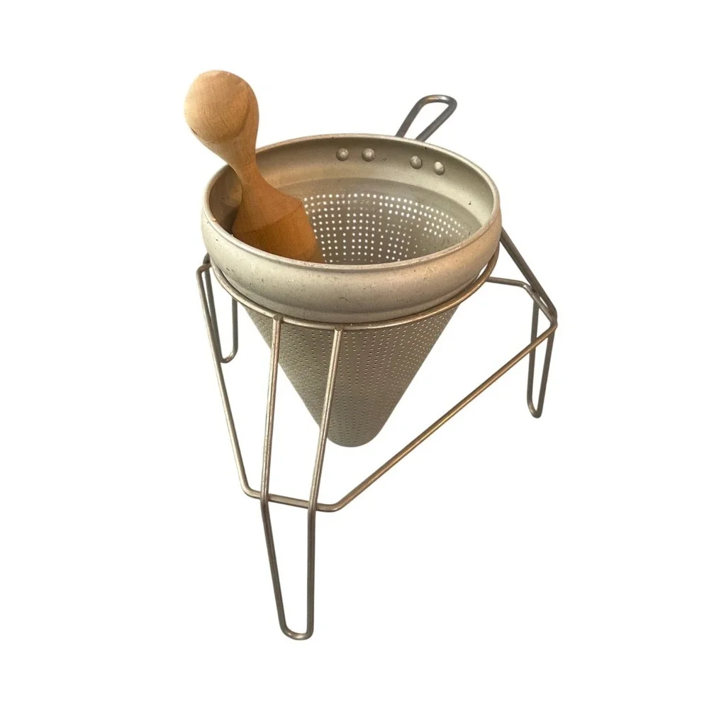 Vintage Aluminum Chinois Strainer Set with Wire Stand and Wooden Pestle Sieve